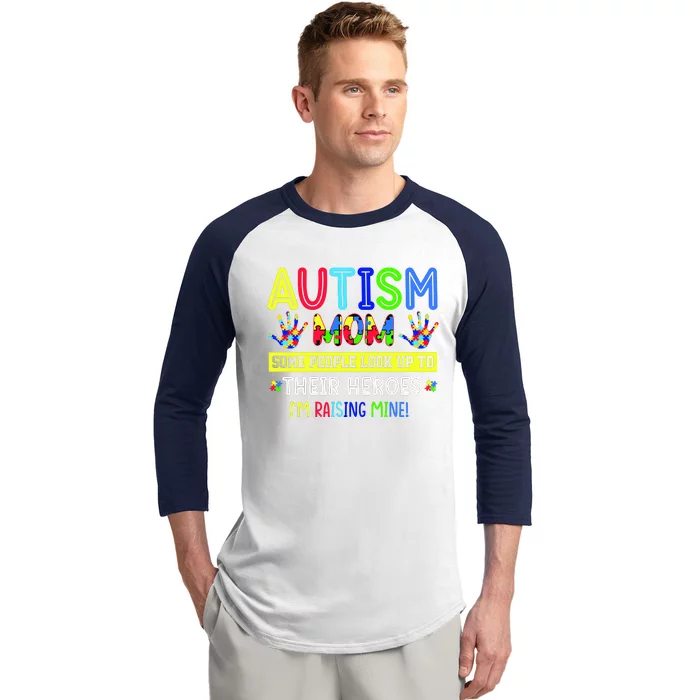 Autism Mom I'm Raising My Hero Awareness Puzzle Baseball Sleeve Shirt