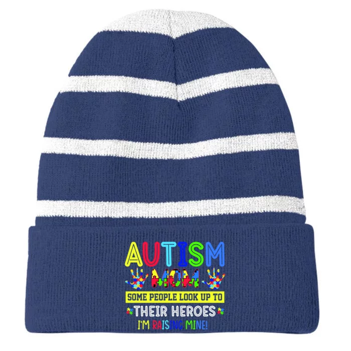 Autism Mom I'm Raising My Hero Awareness Puzzle Striped Beanie with Solid Band