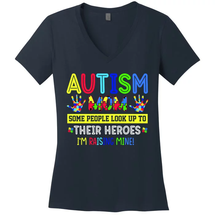 Autism Mom I'm Raising My Hero Awareness Puzzle Women's V-Neck T-Shirt