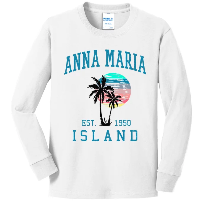 Anna Maria Island Florida Vintage Beach Palm Trees Summer Kids Long Sleeve Shirt