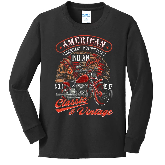 American M.O.T.O.R.C.Y.C.L.E I.N.D.I.A.N For Old Biker Kids Long Sleeve Shirt