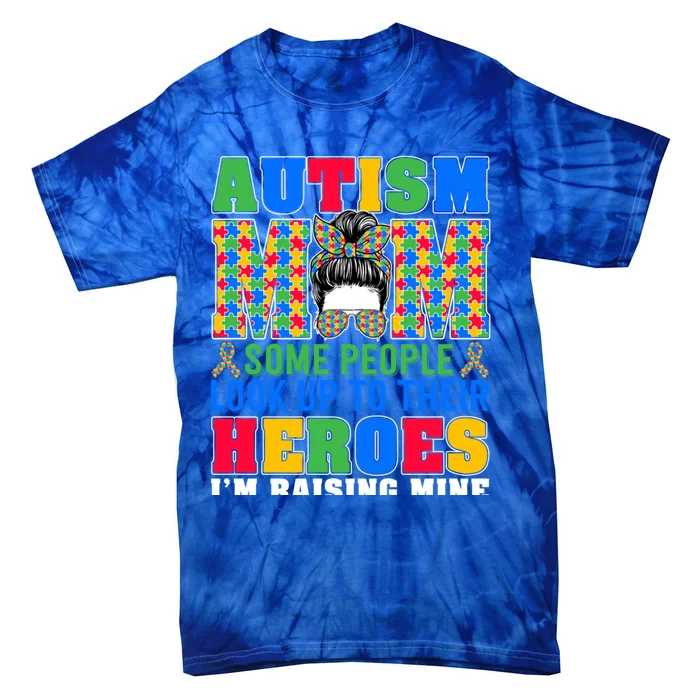 Autism Mom IM Raising Mine Messy Bun Glasses Gift Tie-Dye T-Shirt