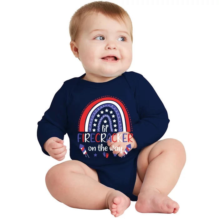 American Mommy July 4th Mommy Lil Firecracker On The Way Gift Baby Long Sleeve Bodysuit