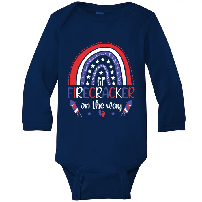 American Mommy July 4th Mommy Lil Firecracker On The Way Gift Baby Long Sleeve Bodysuit