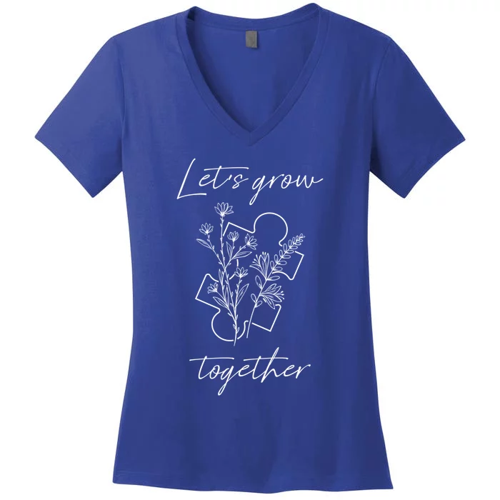 Autism Mom Let's Grow Together Autism Awareness Gift Women's V-Neck T-Shirt