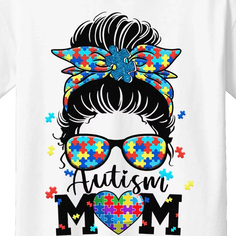 Autism Mom Life Messy Bun Sunglasses Bandana Mother’s Day Kids T-Shirt