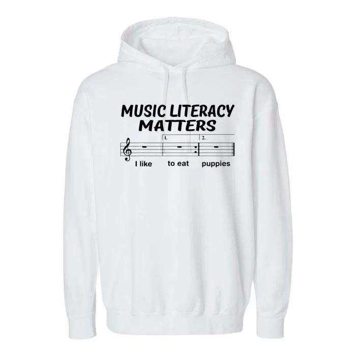 Awesome Music Literacy Matters I Like To Eat Puppies Garment-Dyed Fleece Hoodie