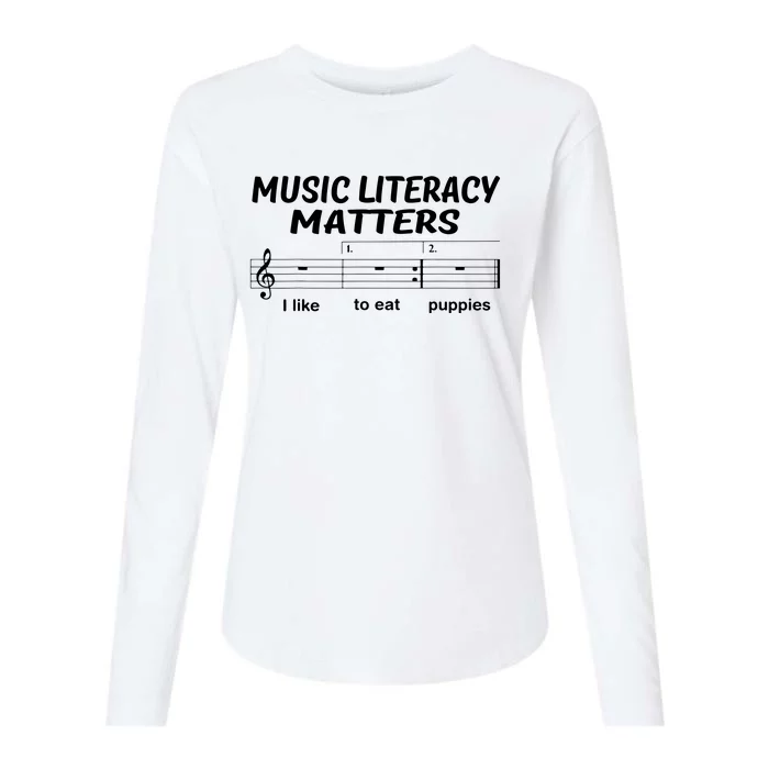 Awesome Music Literacy Matters I Like To Eat Puppies Womens Cotton Relaxed Long Sleeve T-Shirt