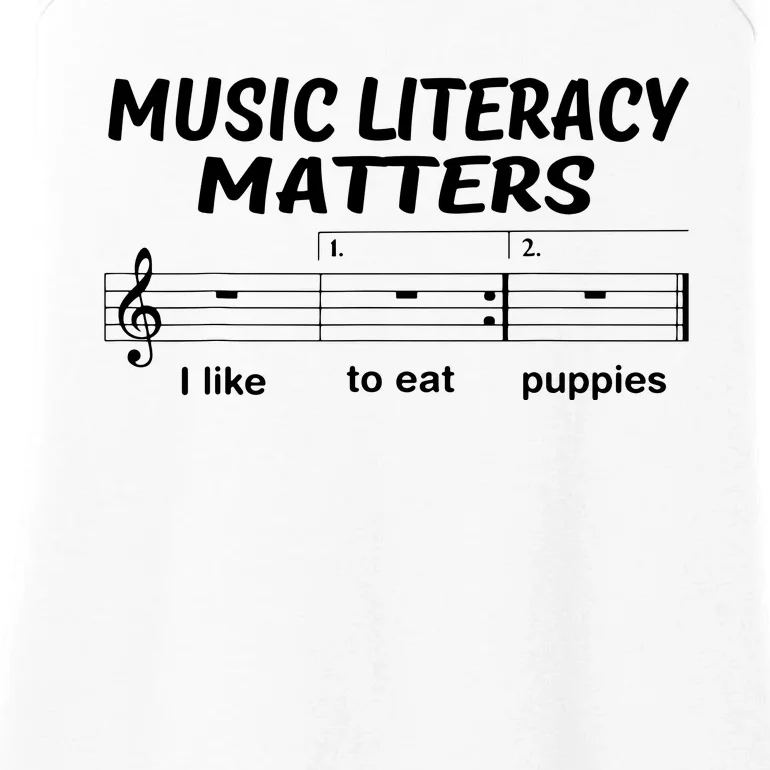 Awesome Music Literacy Matters I Like To Eat Puppies Ladies Essential Tank