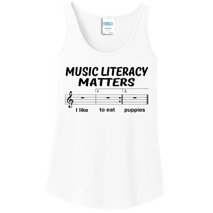 Awesome Music Literacy Matters I Like To Eat Puppies Ladies Essential Tank