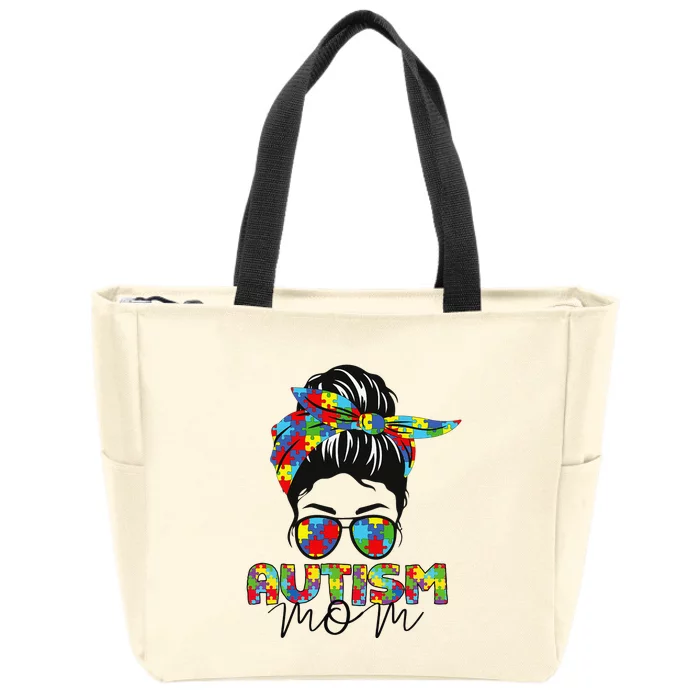 Autism Mom Life Messy Bun Sunglasses Bandana Mother’s Day Zip Tote Bag