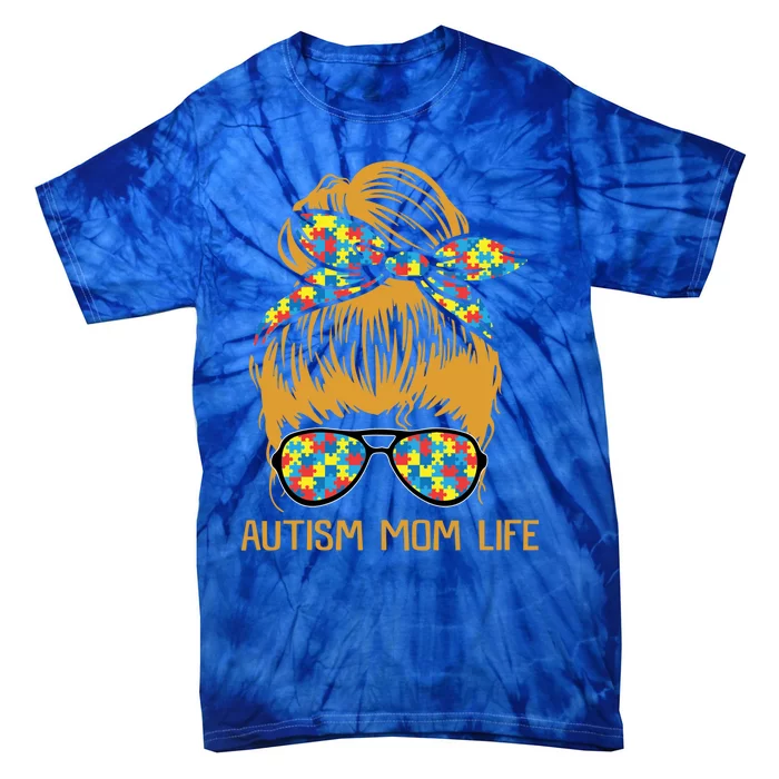 Autism Mom Life Messy Bun Gift Autism Mom Cute Gift Tie-Dye T-Shirt