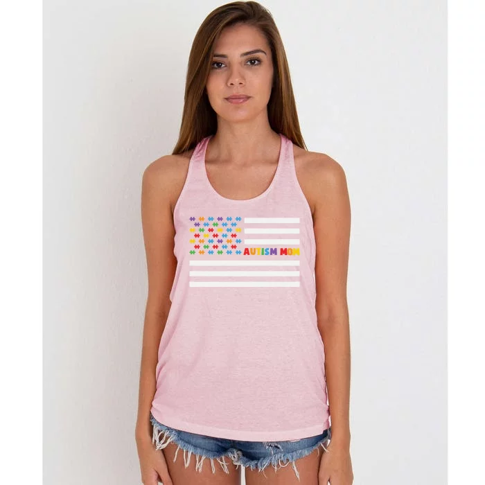 Autism Mom Life American Flag World Autism Awareness Day Great Gift Women's Knotted Racerback Tank