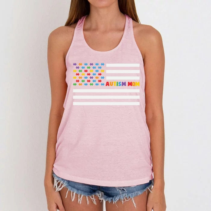 Autism Mom Life American Flag World Autism Awareness Day Great Gift Women's Knotted Racerback Tank