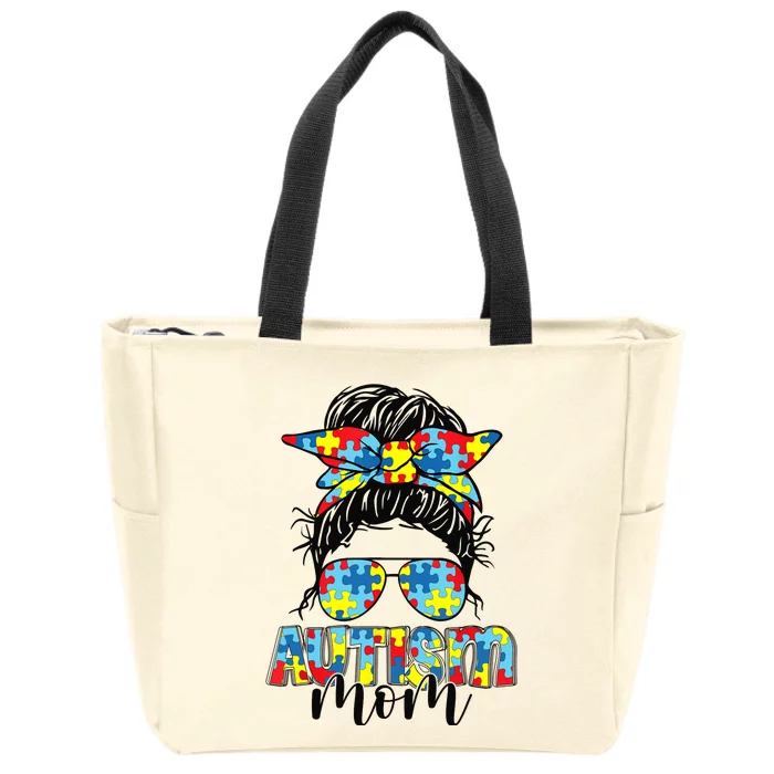 Autism Mom Life Messy Bun Sunglasses Bandana Mother’s Day Zip Tote Bag