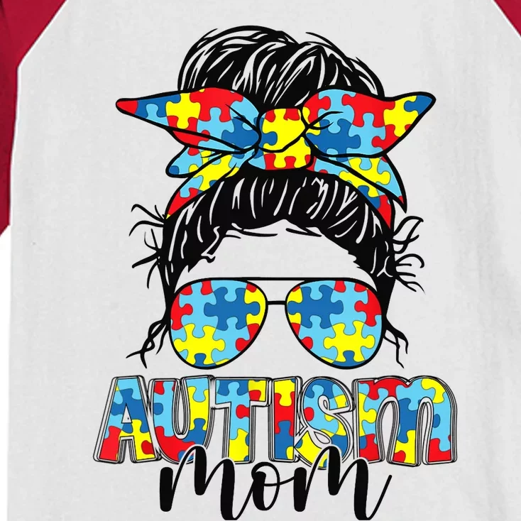 Autism Mom Life Messy Bun Sunglasses Bandana Mother’s Day Kids Colorblock Raglan Jersey