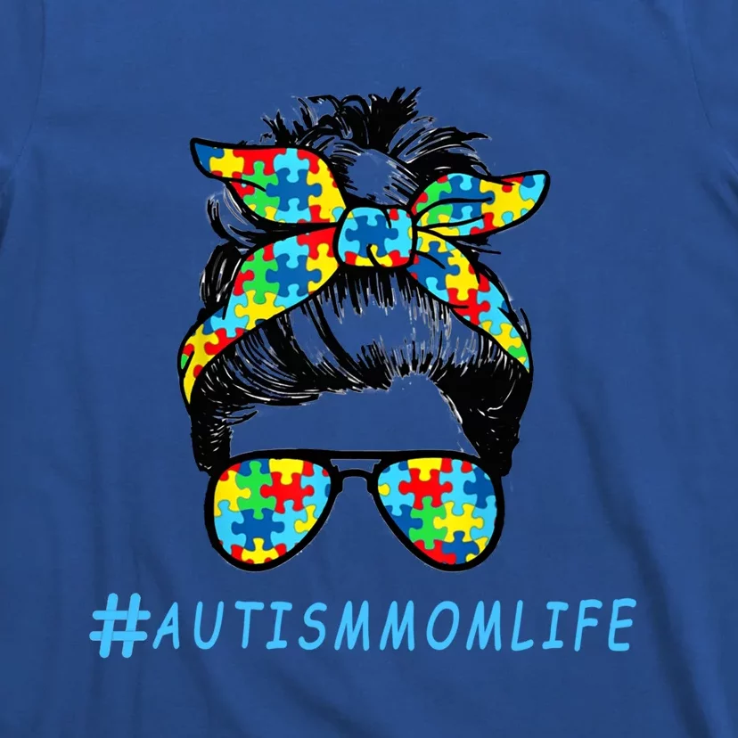 Autism Mom Life Autistic Son Sunglasses Bandana Messy Bun Gift T-Shirt