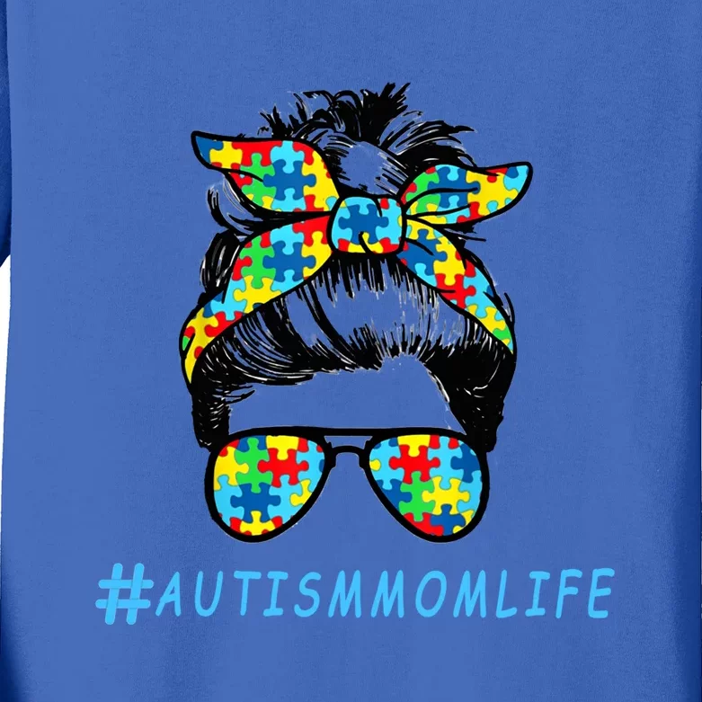 Autism Mom Life Autistic Son Sunglasses Bandana Messy Bun Gift Kids Long Sleeve Shirt