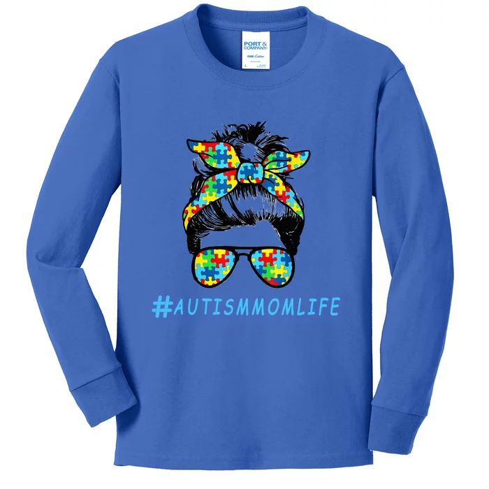 Autism Mom Life Autistic Son Sunglasses Bandana Messy Bun Gift Kids Long Sleeve Shirt