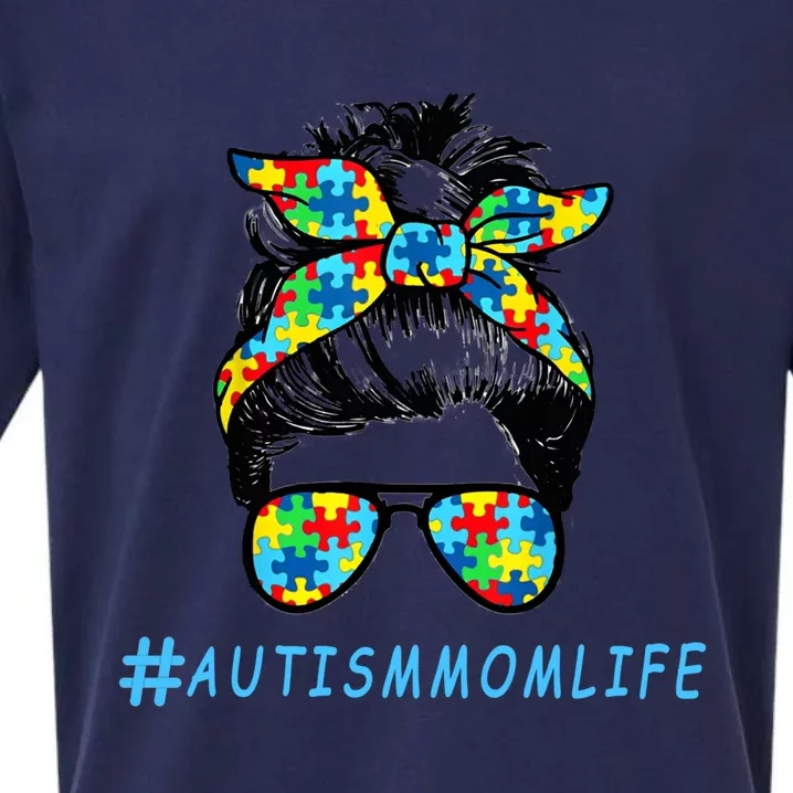 Autism Mom Life Autistic Son Sunglasses Bandana Messy Bun Gift Sueded Cloud Jersey T-Shirt