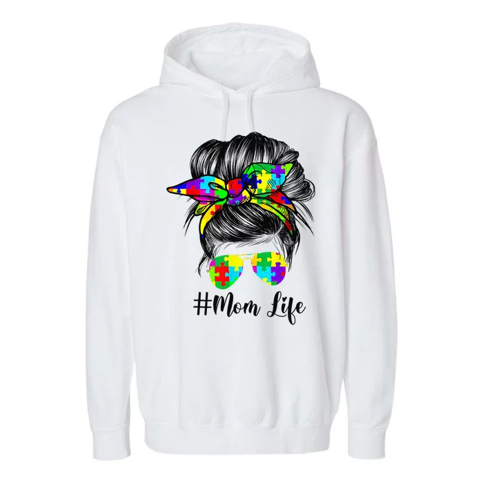 Autism Mom Life Messy Bun Sunglasses Bandana Mother’s Day Garment-Dyed Fleece Hoodie