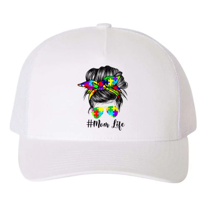 Autism Mom Life Messy Bun Sunglasses Bandana Mother’s Day Yupoong Adult 5-Panel Trucker Hat