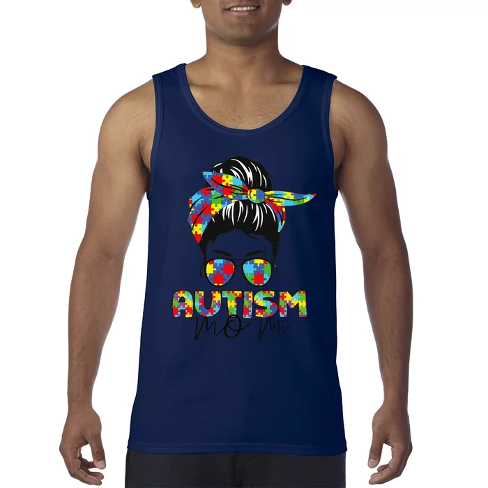 Autism Mom Life Messy Bun Sunglasses Bandana Mother’s Day Tank Top