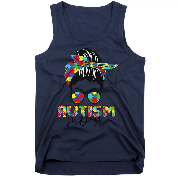 Autism Mom Life Messy Bun Sunglasses Bandana Mother’s Day Tank Top