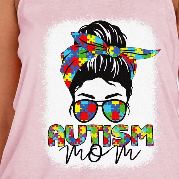 Autism Mom Life Messy Bun Bleached Mothers Day Autism Mom Women's Knotted Racerback Tank