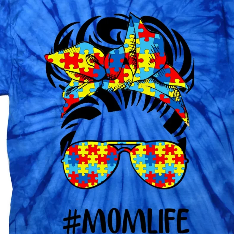 Autism Mom Life Messy Bun Hair Gift Tie-Dye T-Shirt