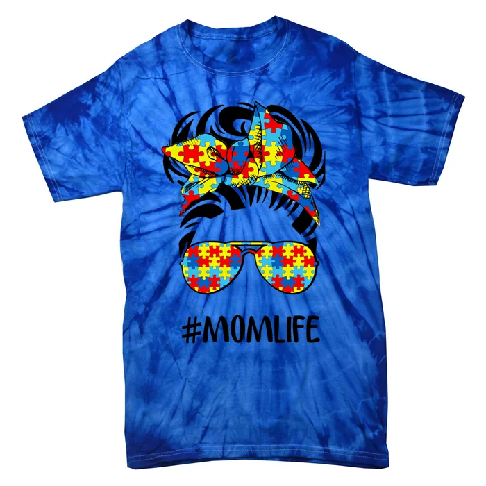 Autism Mom Life Messy Bun Hair Gift Tie-Dye T-Shirt