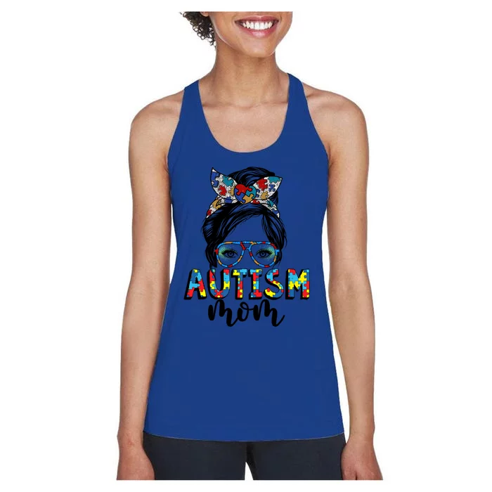 Autism Mom Life Messy Bun Puzzle Autism Awareness Month Cute Gift Women's Racerback Tank