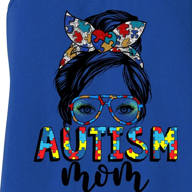 Autism Mom Life Messy Bun Puzzle Autism Awareness Month Cute Gift Women's Racerback Tank