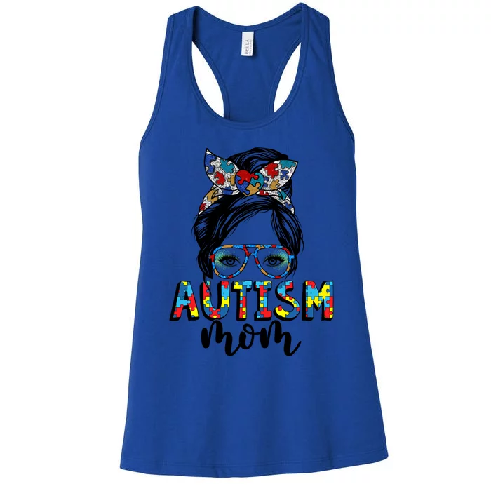 Autism Mom Life Messy Bun Puzzle Autism Awareness Month Cute Gift Women's Racerback Tank