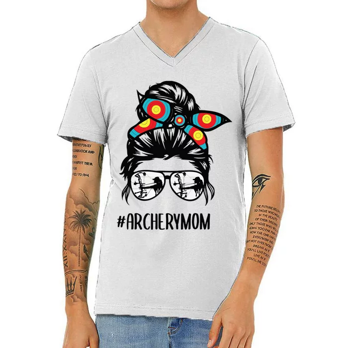 Archery Mom Life Messy Bun Hair Glasses V-Neck T-Shirt