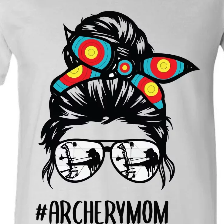 Archery Mom Life Messy Bun Hair Glasses V-Neck T-Shirt