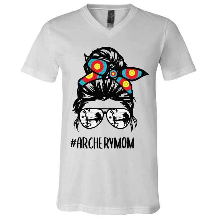 Archery Mom Life Messy Bun Hair Glasses V-Neck T-Shirt