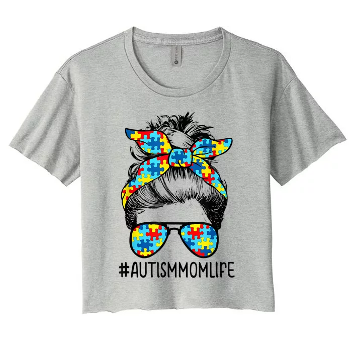 Autism Mom Life Messy Bun Sunglasses Bandana Mother’s Day Cute Gift Women's Crop Top Tee