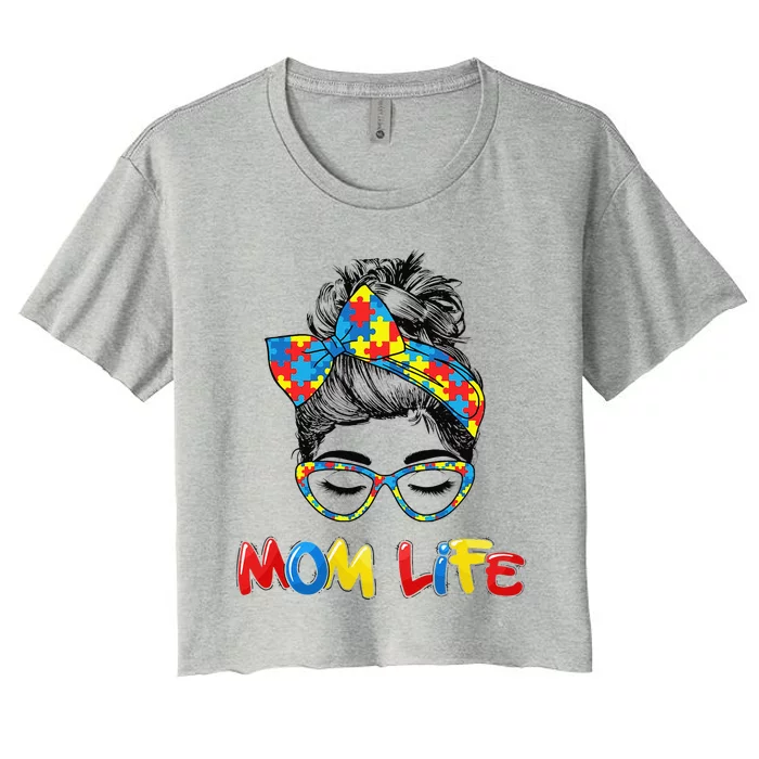 Autism Mom Life Messy Bun Sunglasses Bandana Mother’s Day Gift Women's Crop Top Tee