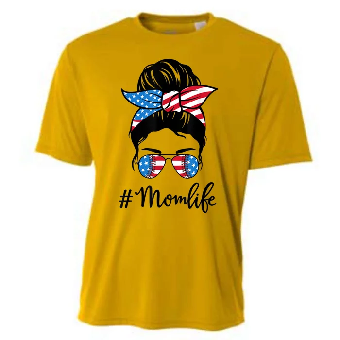 American Mom Life 4th Of July Softbal Baseball Mom Messy Bun Gift Cooling Performance Crew T-Shirt