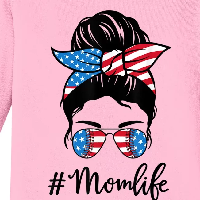 American Mom Life 4th Of July Softbal Baseball Mom Messy Bun Gift Baby Long Sleeve Bodysuit