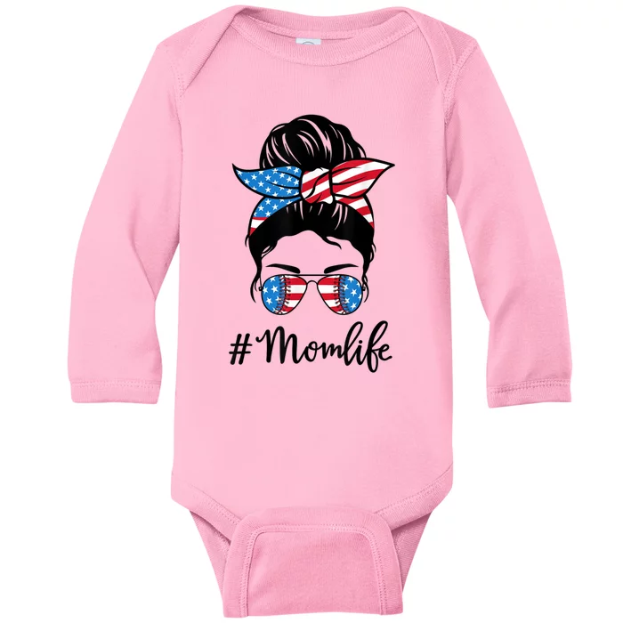 American Mom Life 4th Of July Softbal Baseball Mom Messy Bun Gift Baby Long Sleeve Bodysuit