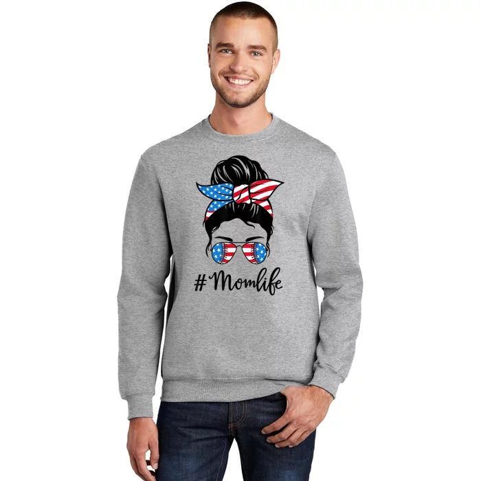 American Mom Life 4th Of July Softbal Baseball Mom Messy Bun Gift Tall Sweatshirt