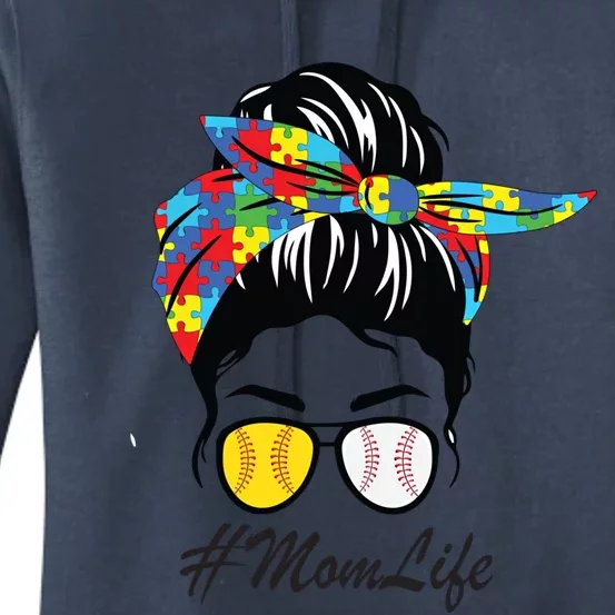 Autism Mom Life Softball Baseball Mother's Day Messy Bun Gift Women's Pullover Hoodie