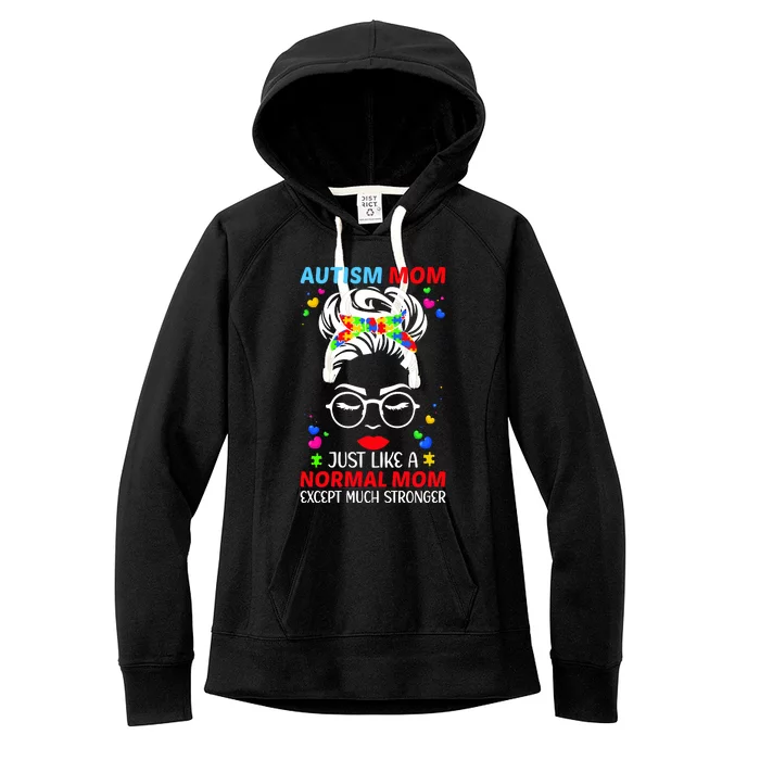 Autism Mom Much Stronger Awareness Messy Bun Puzzle Women's Fleece Hoodie