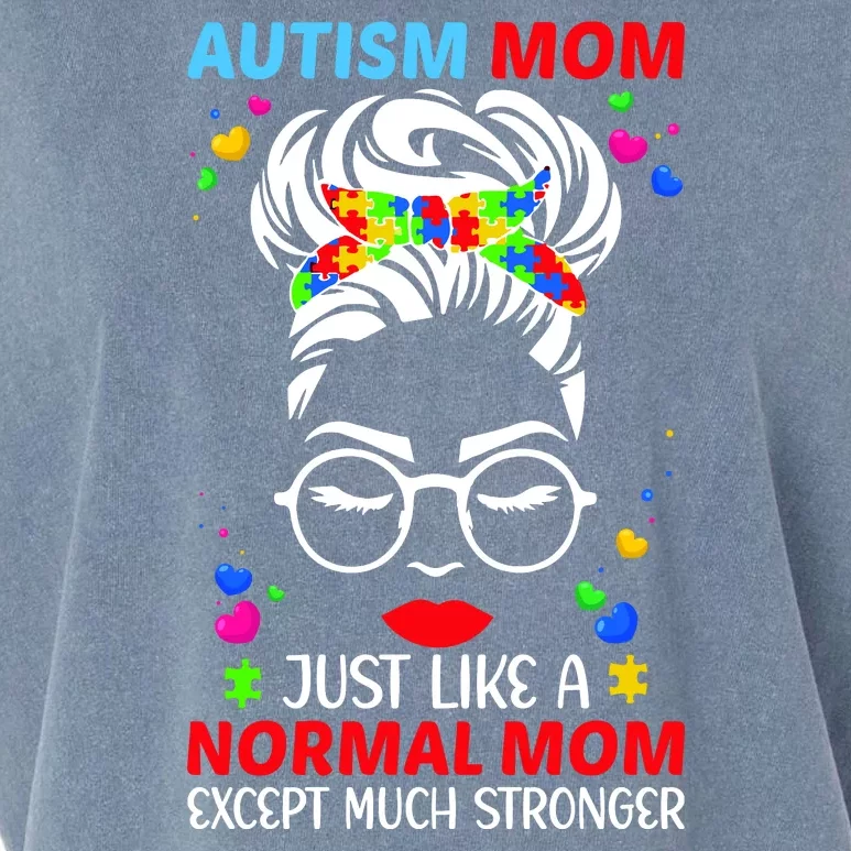 Autism Mom Much Stronger Awareness Messy Bun Puzzle Garment-Dyed Women's Muscle Tee