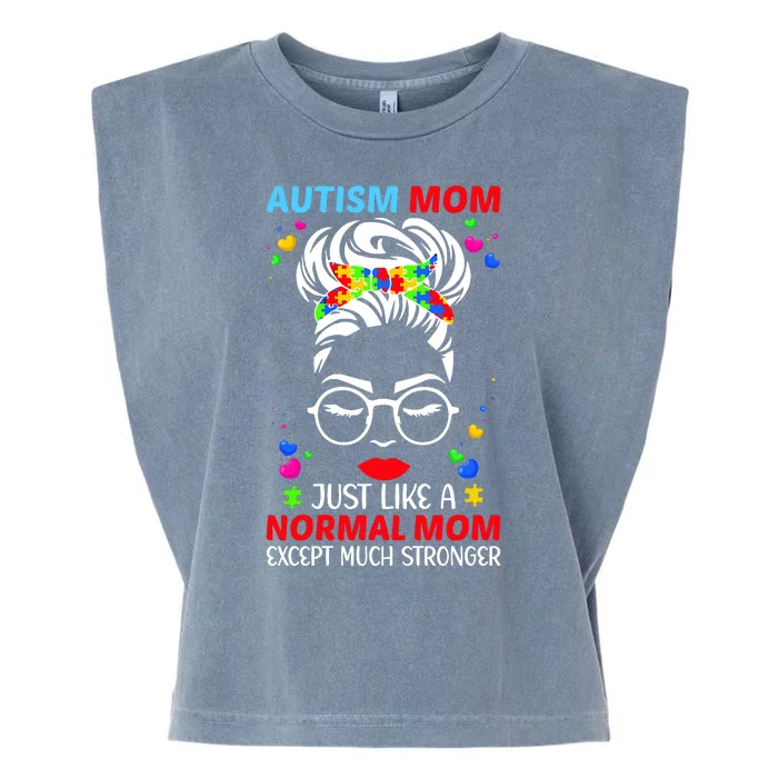 Autism Mom Much Stronger Awareness Messy Bun Puzzle Garment-Dyed Women's Muscle Tee