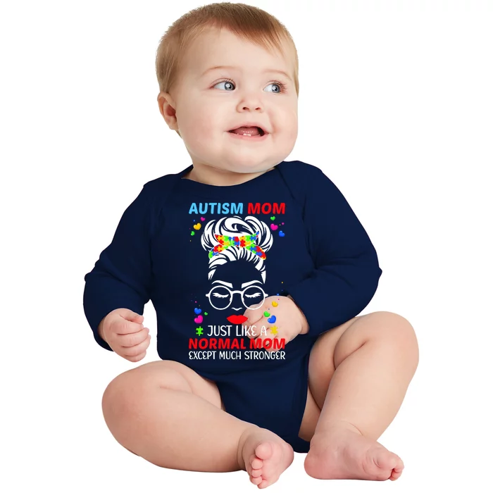 Autism Mom Much Stronger Awareness Messy Bun Puzzle Baby Long Sleeve Bodysuit