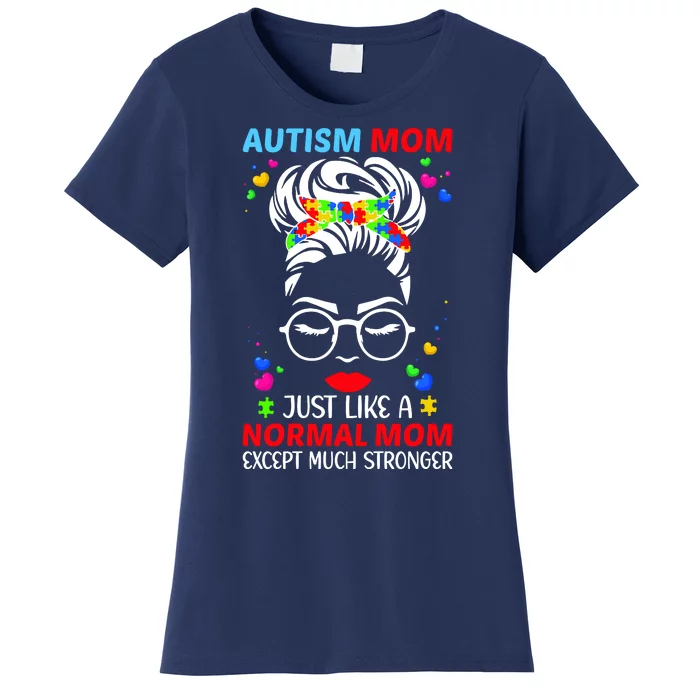 Autism Mom Much Stronger Awareness Messy Bun Puzzle Women's T-Shirt