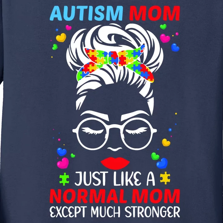 Autism Mom Much Stronger Awareness Messy Bun Puzzle Kids Long Sleeve Shirt